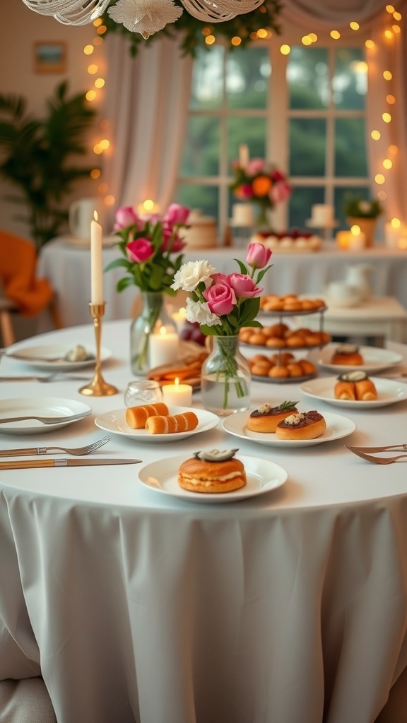 A stylish brunch table with pastel decor, elegant tableware, and fresh flowers, set for a cozy gathering.